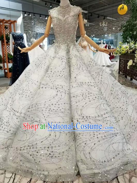 Top Grade Customize Modern Fancywork Grey Veil Trailing Full Dress Court Princess Waltz Dance Costume for Women