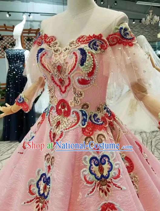 Top Grade Customize Modern Fancywork Pink Trailing Full Dress Court Princess Waltz Dance Costume for Women