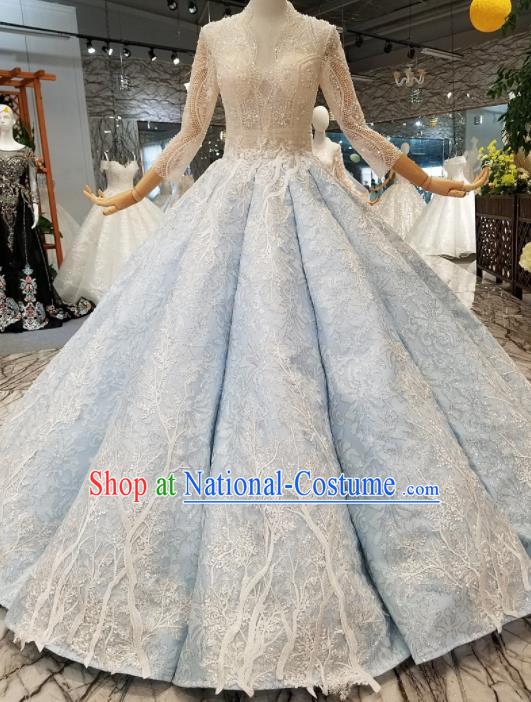 Customize Handmade Princess Embroidered Blue Dress Wedding Court Bride Costume for Women