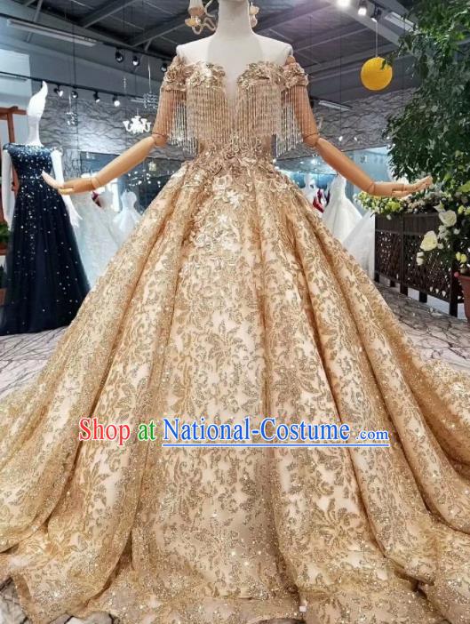 Customize Modern Fancywork Court Embroidered Golden Full Dress Top Grade Waltz Dance Costume for Women