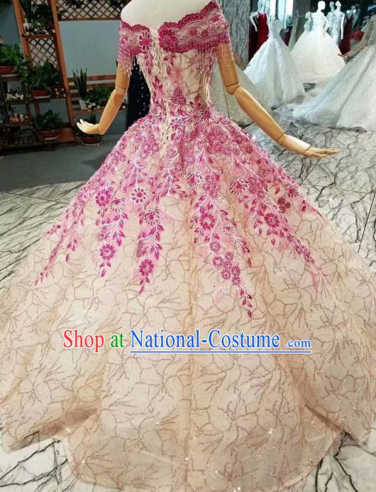 Customize Modern Fancywork Court Embroidered Rosy Full Dress Top Grade Waltz Dance Costume for Women