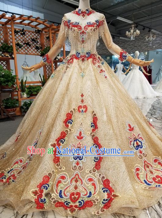 Top Grade Customize Modern Fancywork Golden Full Dress Court Princess Waltz Dance Costume for Women