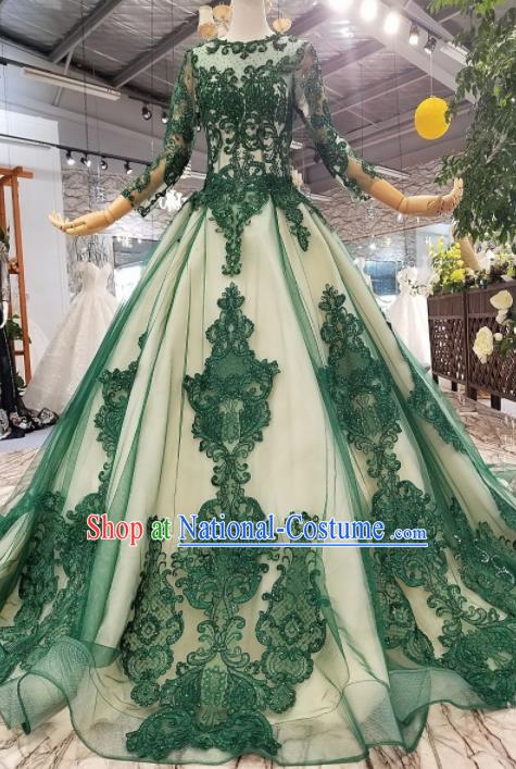 Top Grade Customize Modern Fancywork Green Lace Full Dress Court Princess Waltz Dance Costume for Women