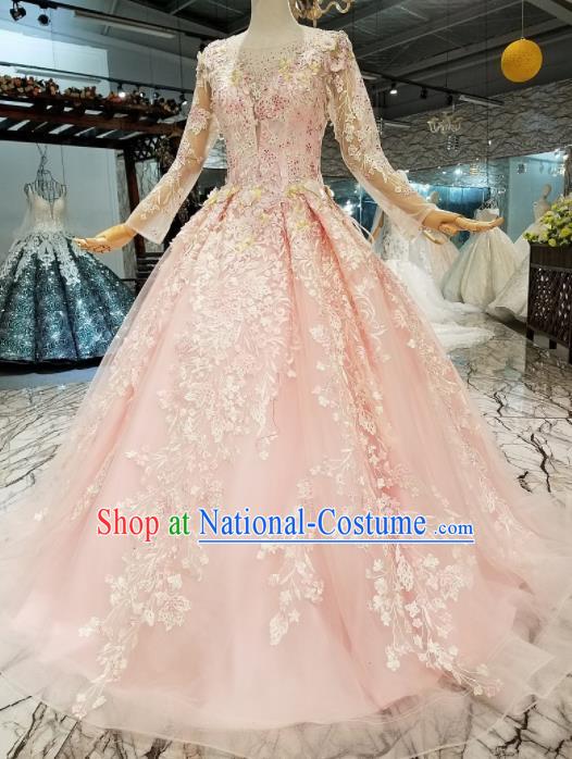 Customize Modern Fancywork Pink Lace Full Dress Top Grade Waltz Dance Costume for Women