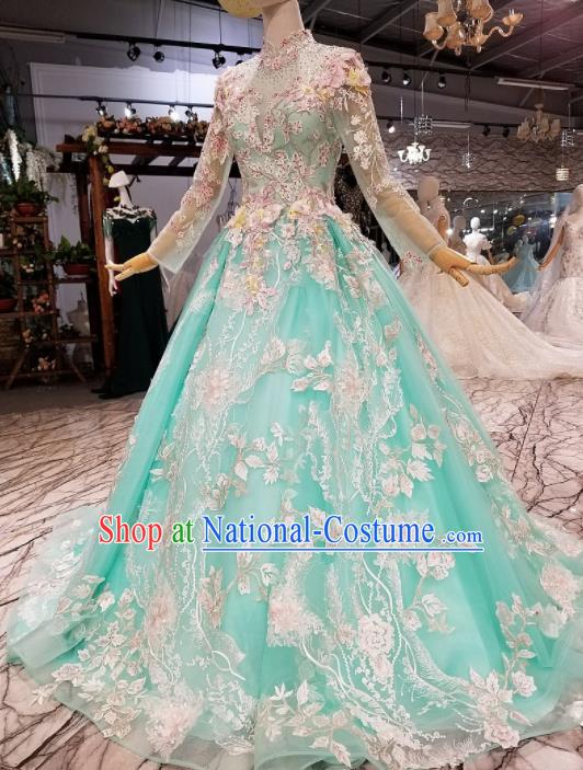 Customize Modern Fancywork Green Lace Full Dress Top Grade Waltz Dance Costume for Women