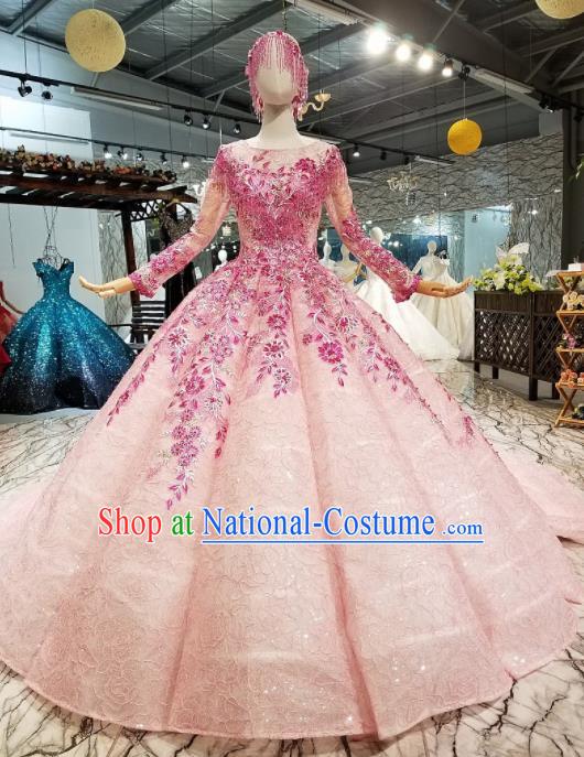 Customize Modern Fancywork Pink Trailing Full Dress Top Grade Waltz Dance Costume for Women