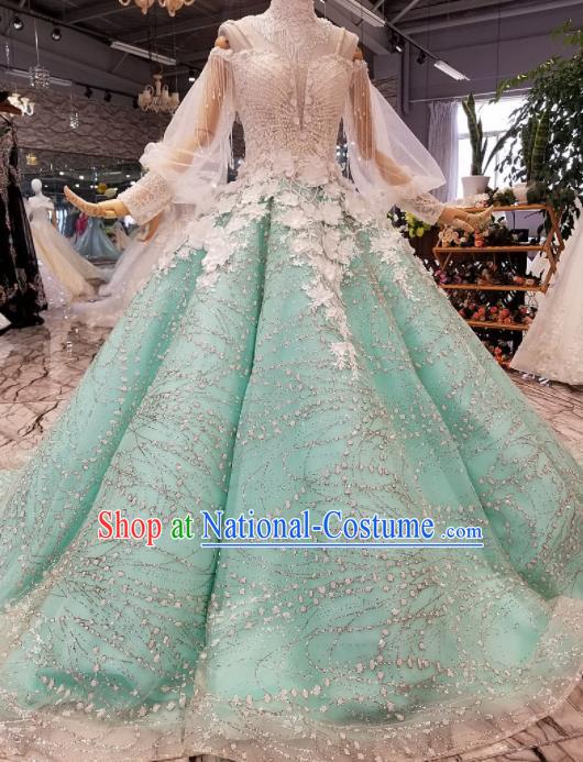 Customize Modern Fancywork Green Trailing Full Dress Top Grade Waltz Dance Costume for Women