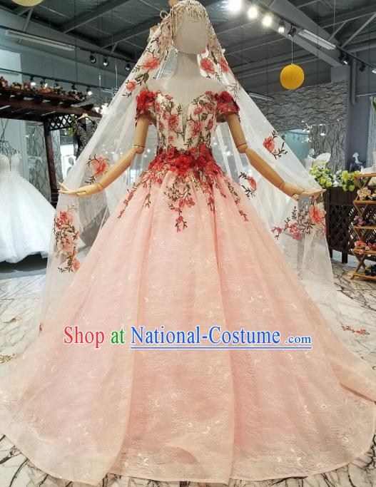 Customize Modern Fancywork Embroidered Pink Full Dress Top Grade Waltz Dance Costume for Women