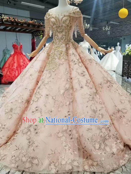 Top Grade Modern Fancywork Pink Full Dress Customize Waltz Dance Costume for Women