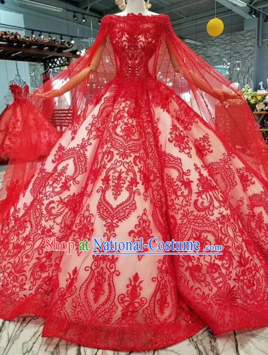 Top Grade Modern Fancywork Red Lace Full Dress Customize Waltz Dance Costume for Women