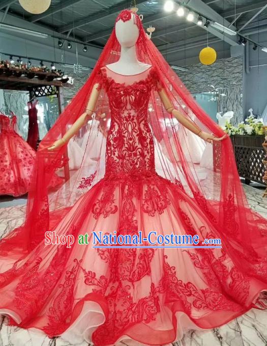 Top Grade Modern Fancywork Red Fishtail Full Dress Customize Waltz Dance Costume for Women