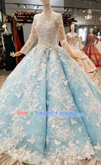 Top Grade Modern Fancywork Light Blue Full Dress Customize Waltz Dance Costume for Women