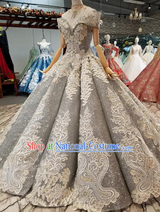 Top Grade Modern Fancywork Embroidered Grey Full Dress Customize Waltz Dance Costume for Women