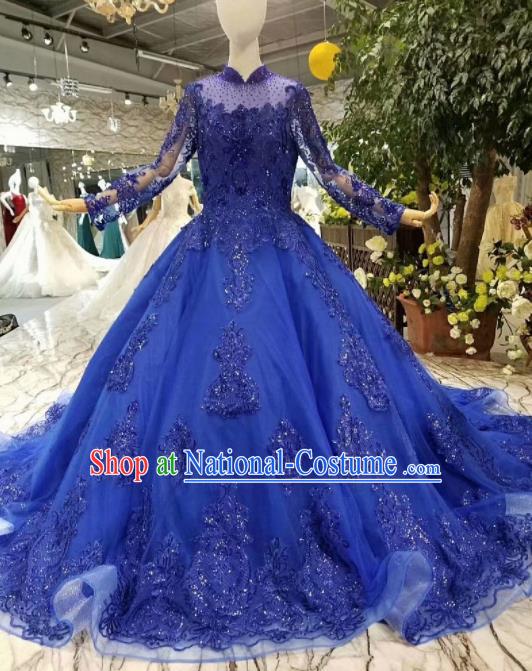 Top Grade Modern Fancywork Embroidered Royalblue Full Dress Customize Waltz Dance Costume for Women