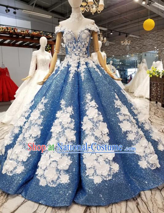 Top Grade Modern Fancywork Blue Sequins Full Dress Customize Waltz Dance Costume for Women