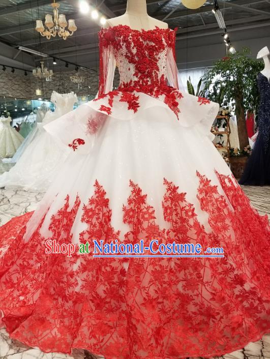 Top Grade Modern Fancywork Court Red Lace Full Dress Customize Princess Waltz Dance Costume for Women