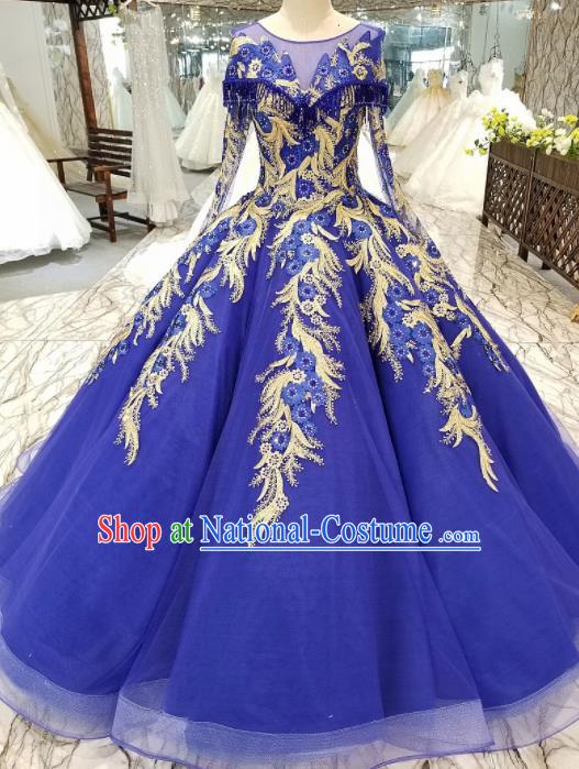 Top Grade Royalblue Veil Full Dress Customize Modern Fancywork Princess Waltz Dance Costume for Women