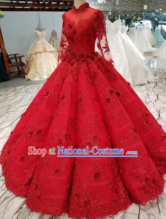 Top Grade Red Lace Full Dress Customize Modern Fancywork Princess Waltz Dance Costume for Women