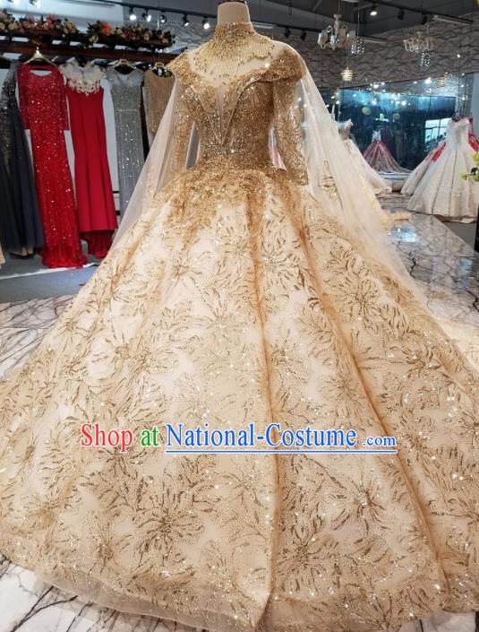 Top Grade Golden Trailing Full Dress Customize Modern Fancywork Princess Waltz Dance Costume for Women