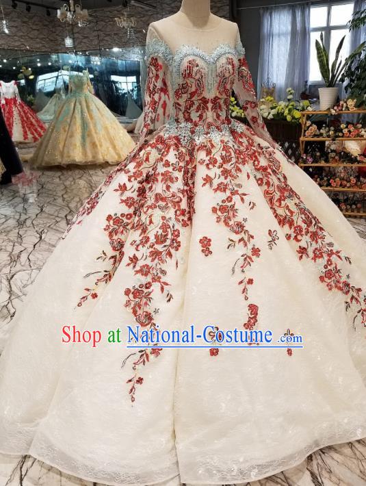 Top Grade Embroidered White Trailing Full Dress Customize Modern Fancywork Princess Waltz Dance Costume for Women