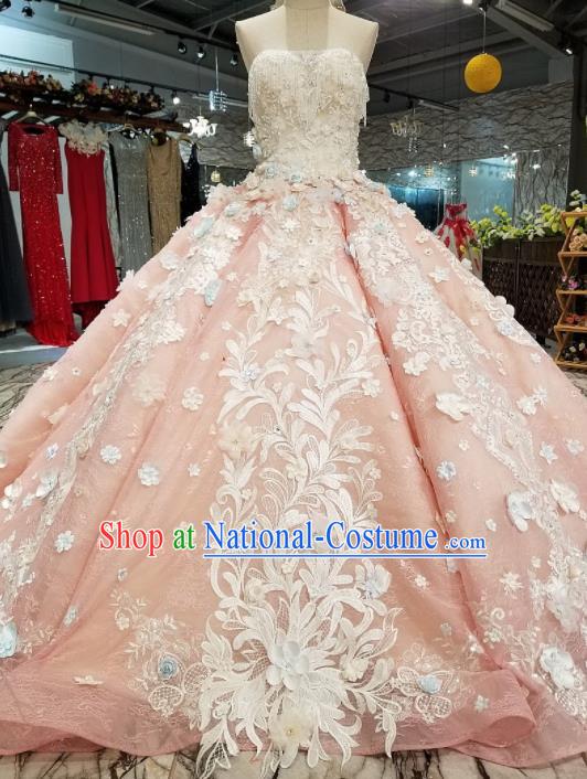 Top Grade Embroidered Pink Trailing Full Dress Customize Modern Fancywork Princess Waltz Dance Costume for Women