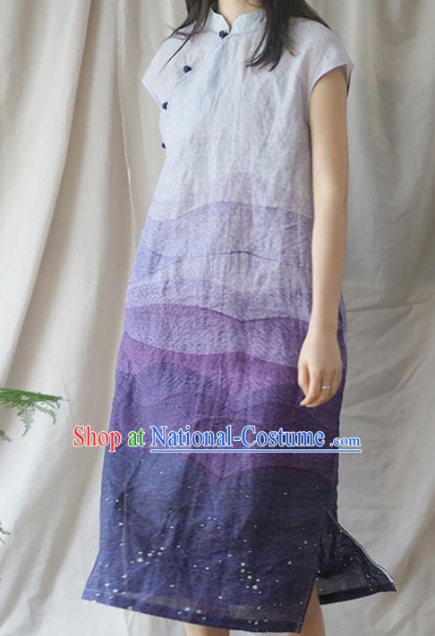 Chinese Traditional National Costume Purple Linen Qipao Dress Tang Suit Cheongsam for Women