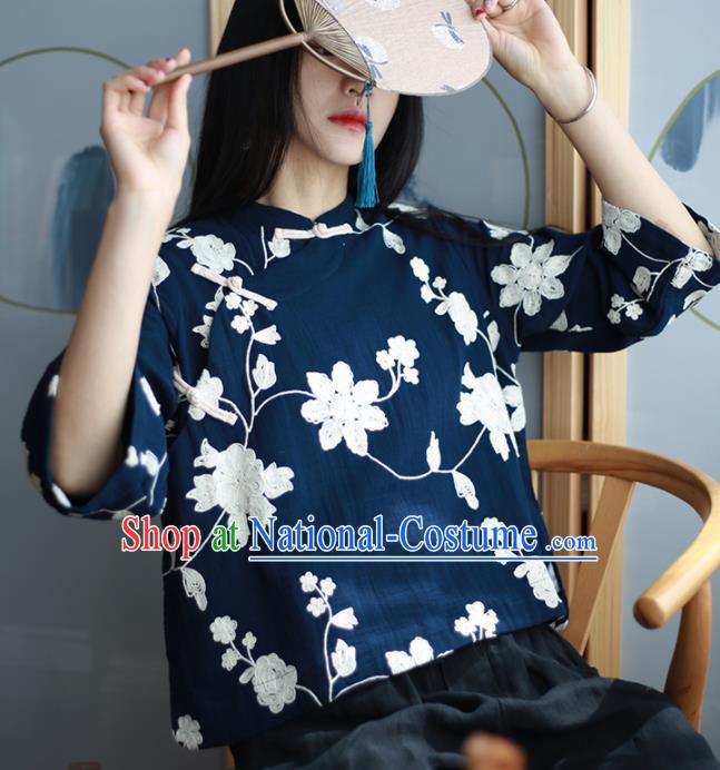 Chinese Traditional National Costume Embroidered Navy Blouse Tang Suit Upper Outer Garment for Women