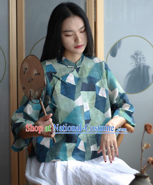 Chinese Traditional National Costume Green Linen Blouse Tang Suit Upper Outer Garment for Women