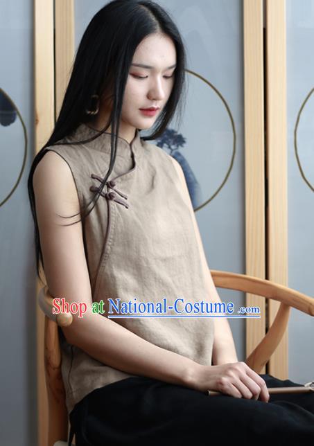 Chinese Traditional National Costume Khaki Linen Vest Tang Suit Upper Outer Garment for Women