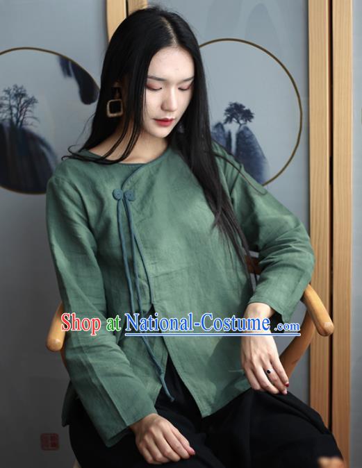 Chinese Traditional National Costume Green Linen Blouse Tang Suit Upper Outer Garment for Women