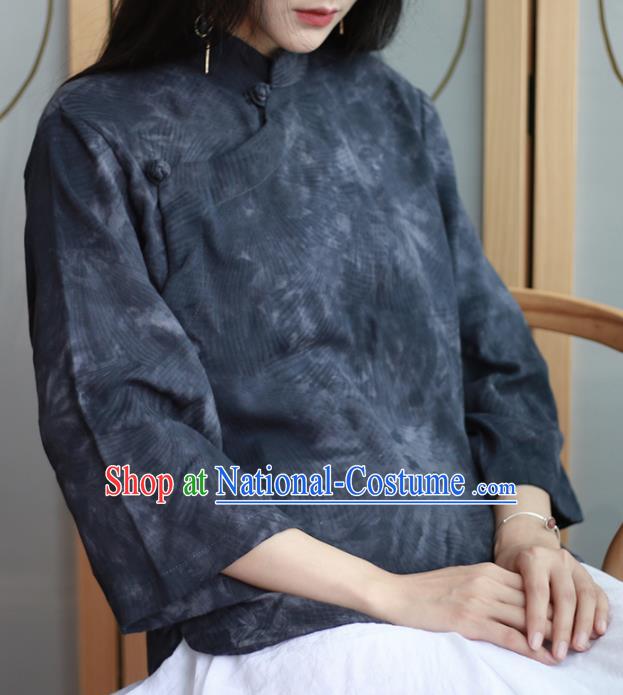 Chinese Traditional National Costume Printing Navy Blouse Tang Suit Upper Outer Garment for Women