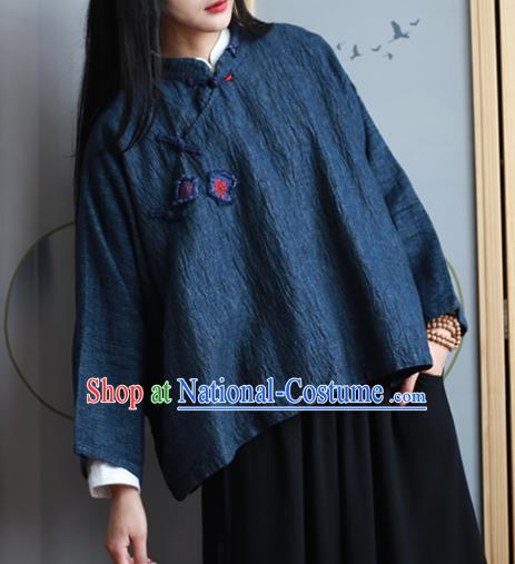 Chinese Traditional National Costume Navy Linen Blouse Tang Suit Upper Outer Garment for Women