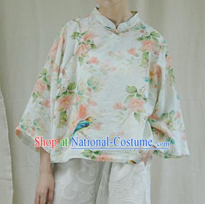 Chinese Traditional National Costume Printing White Shirt Tang Suit Upper Outer Garment for Women