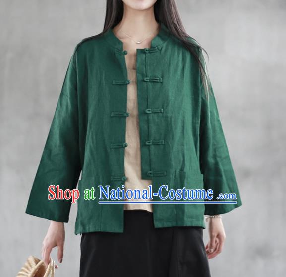 Chinese Traditional National Costume Green Linen Shirt Tang Suit Upper Outer Garment for Women