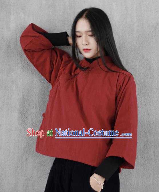 Chinese Traditional National Costume Red Cotton Wadded Jacket Tang Suit Upper Outer Garment for Women