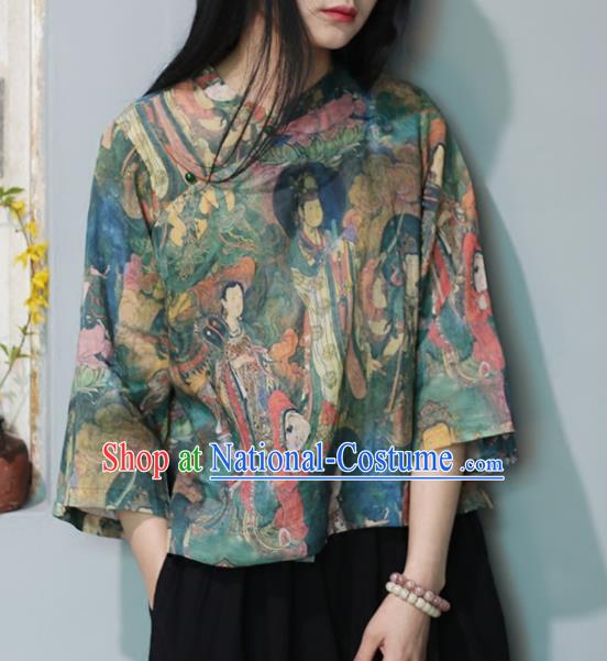 Chinese Traditional National Costume Printing Shirt Tang Suit Upper Outer Garment for Women