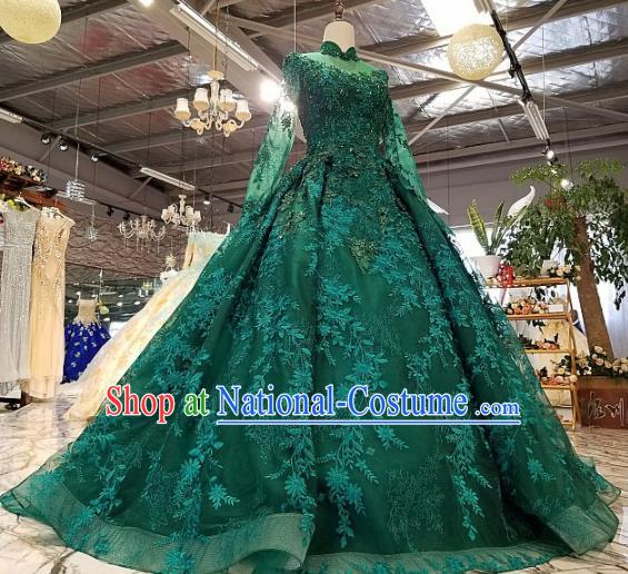 Top Grade Embroidered Deep Green Full Dress Customize Modern Fancywork Princess Waltz Dance Costume for Women