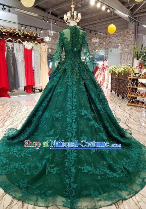 Top Grade Embroidered Deep Green Full Dress Customize Modern Fancywork Princess Waltz Dance Costume for Women