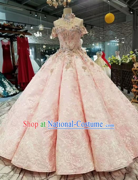 Top Grade Modern Fancywork Court Princess Pink Full Dress Customize Waltz Dance Costume for Women