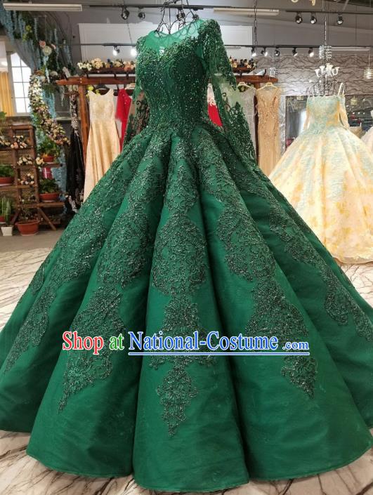 Top Grade Embroidered Green Full Dress Customize Modern Fancywork Princess Waltz Dance Costume for Women