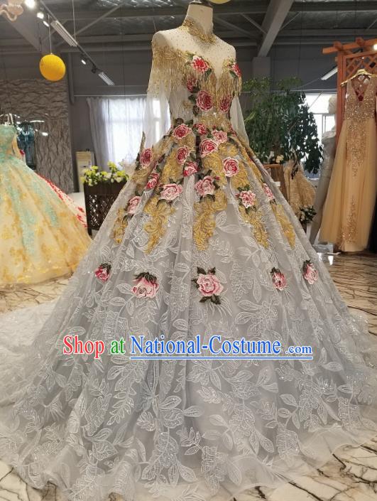 Top Grade Embroidered Roses Trailing Full Dress Customize Modern Fancywork Princess Waltz Dance Costume for Women