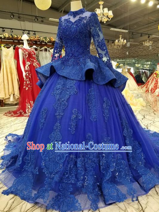 Top Grade Embroidered Royalblue Trailing Full Dress Customize Modern Fancywork Princess Waltz Dance Costume for Women