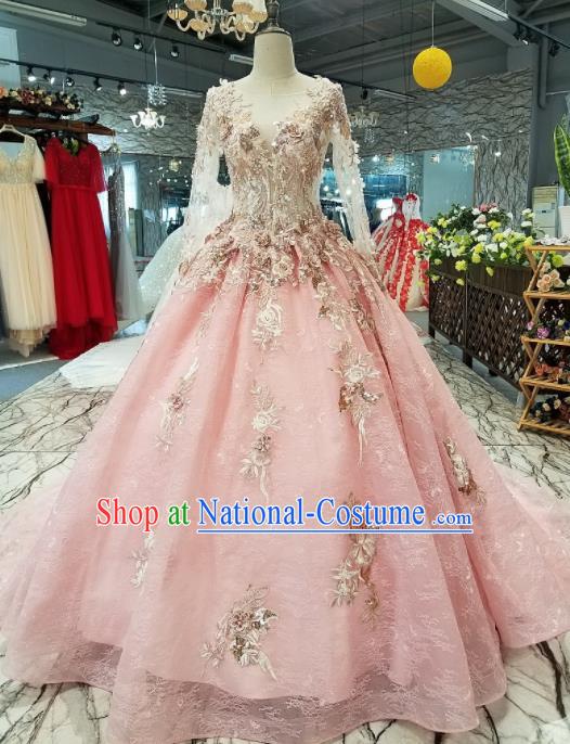 Top Grade Embroidered Pink Veil Full Dress Customize Modern Fancywork Princess Waltz Dance Costume for Women