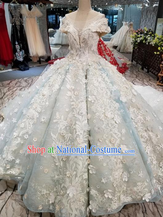 Top Grade Embroidered Long Trailing Blue Full Dress Customize Modern Fancywork Princess Waltz Dance Costume for Women