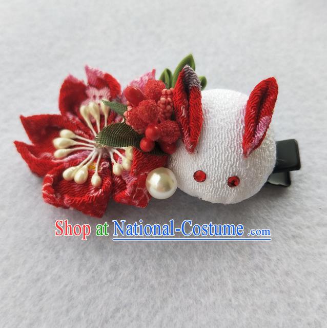 Traditional Japan Geisha Red Sakura Rabbit Hair Claw Japanese Kimono Hair Accessories for Women