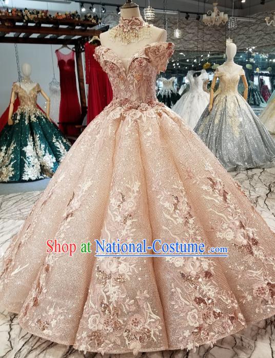 Top Grade Modern Fancywork Court Princess Pink Paillette Full Dress Customize Waltz Dance Costume for Women