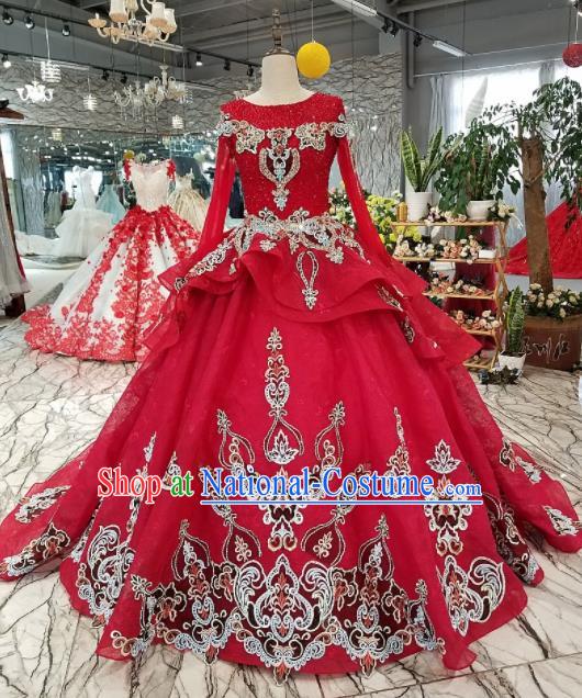 Top Grade Embroidered Long Trailing Red Full Dress Customize Modern Fancywork Princess Waltz Dance Costume for Women