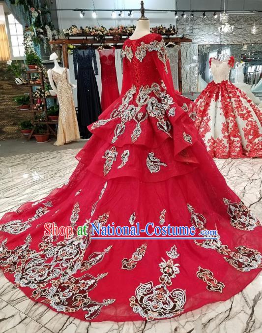 Top Grade Embroidered Long Trailing Red Full Dress Customize Modern Fancywork Princess Waltz Dance Costume for Women