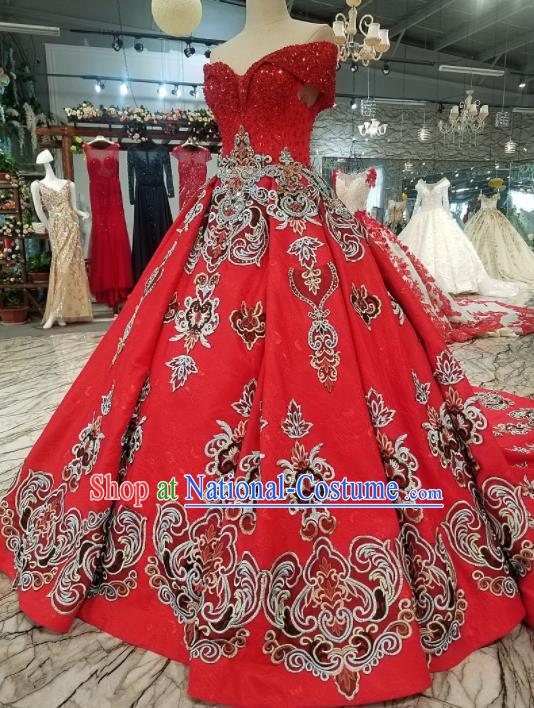 Top Grade Embroidered Flat Shouders Trailing Red Full Dress Customize Modern Fancywork Princess Waltz Dance Costume for Women