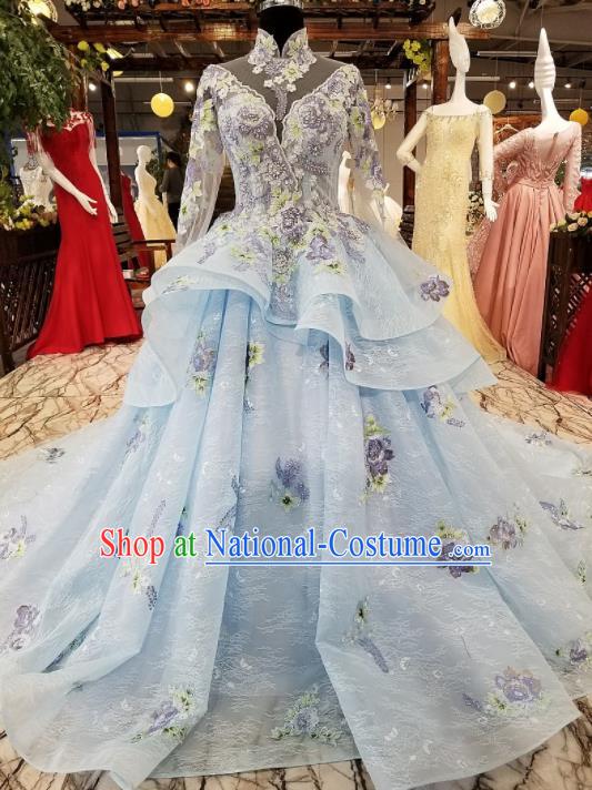 Top Grade Blue Trailing Full Dress Customize Modern Fancywork Princess Waltz Dance Costume for Women